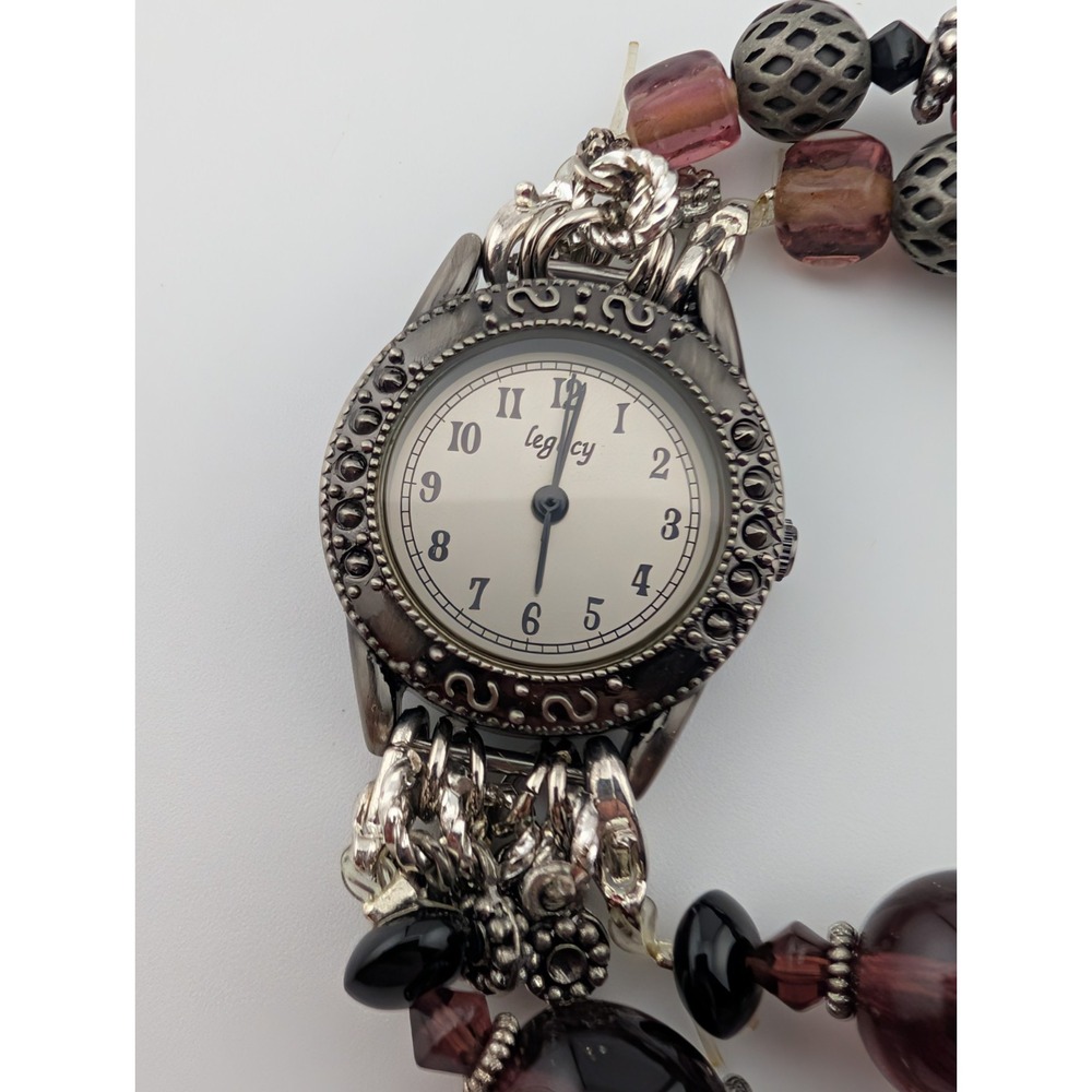Legacy Watch‎ Women Silver Case Purple Beaded Bracelet Band- New Battery